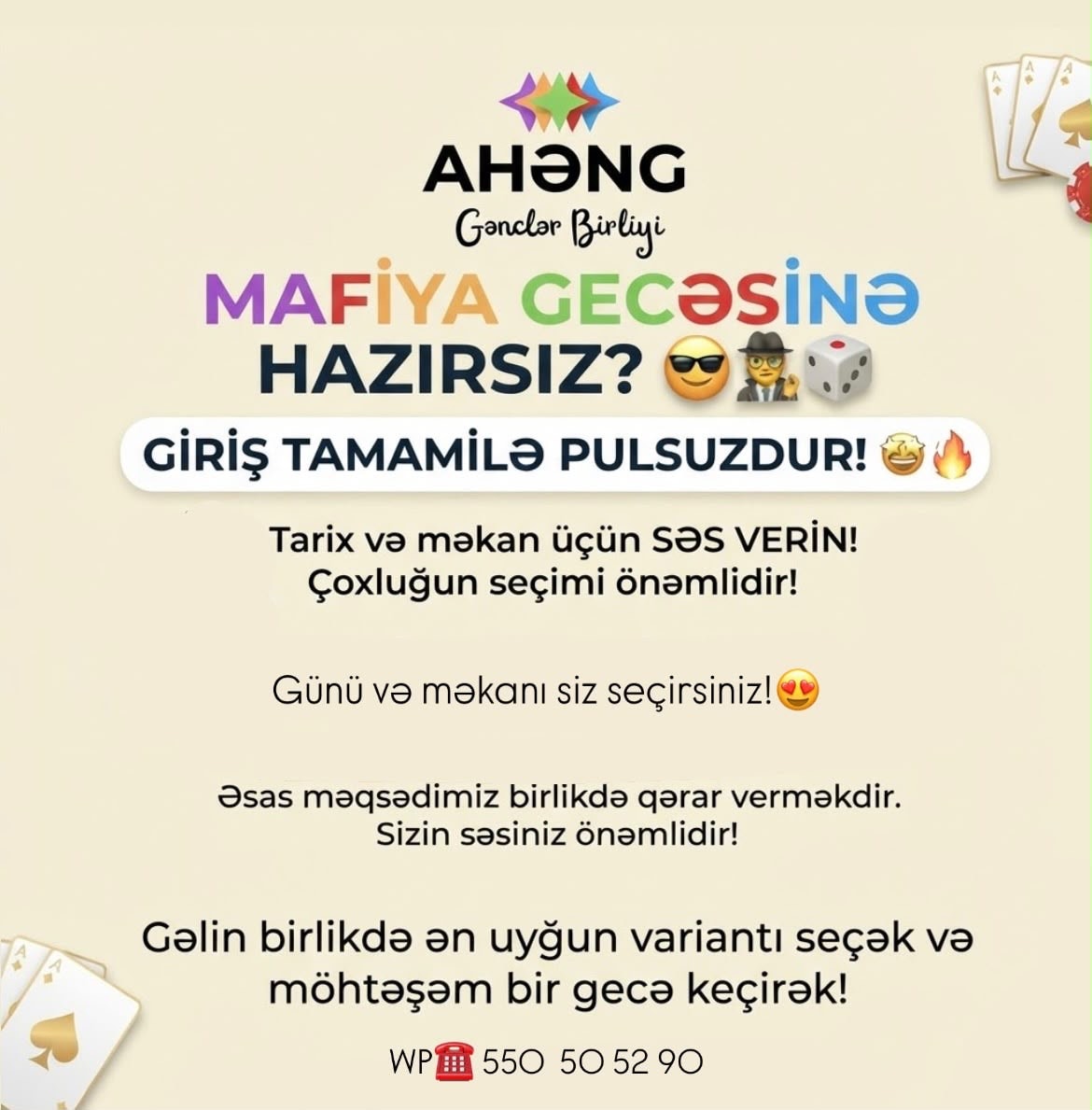 “Mafiya Gecəsinə hazırsız?” — AHƏNG Gənclər Birliyinin rəsmi afişi. Giriş tamamilə pulsuzdur.